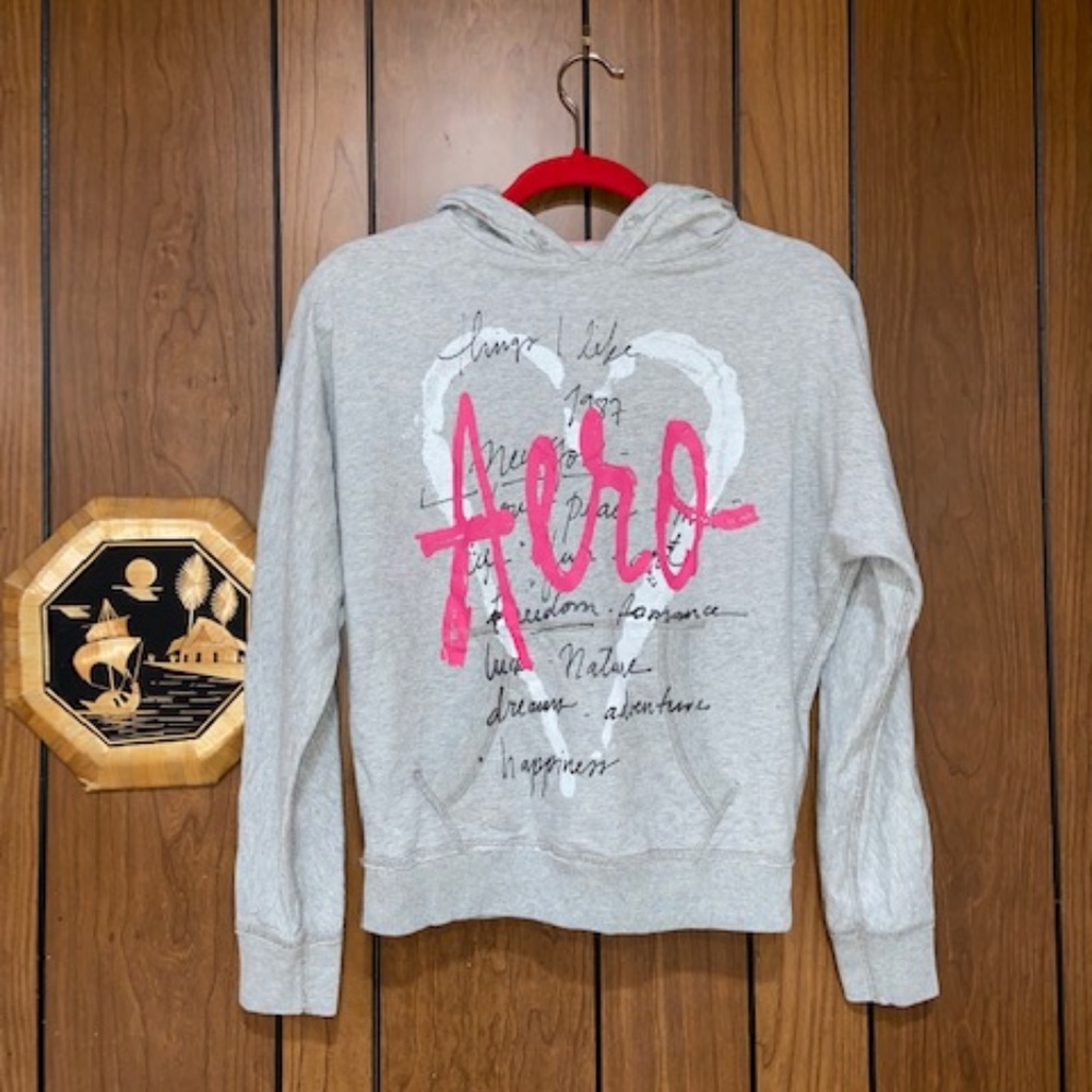 Aeropostale Light Grey White Pink Black Graphic Hoodie - Size S